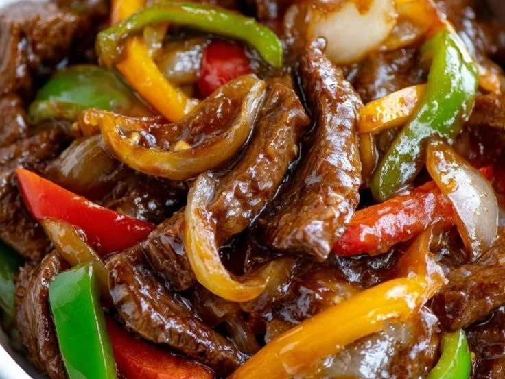 Delicious crock pot pepper steak served with vibrant vegetables and rice.