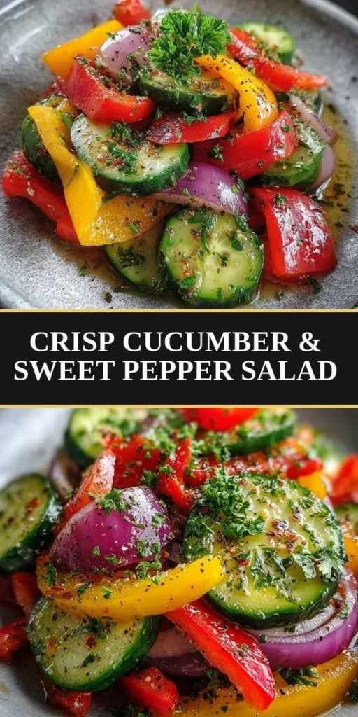 Cucumber and sweet pepper salad served in a bowl, garnished with herbs