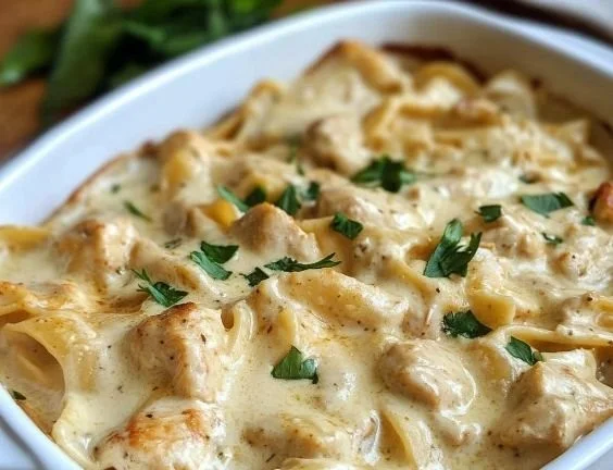 Bowl of dairy-free Chicken Alfredo topped with fresh parsley and black pepper.