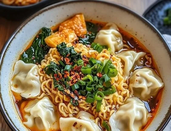 A vibrant bowl of dumplings and ramen garnished with fresh herbs and spices.