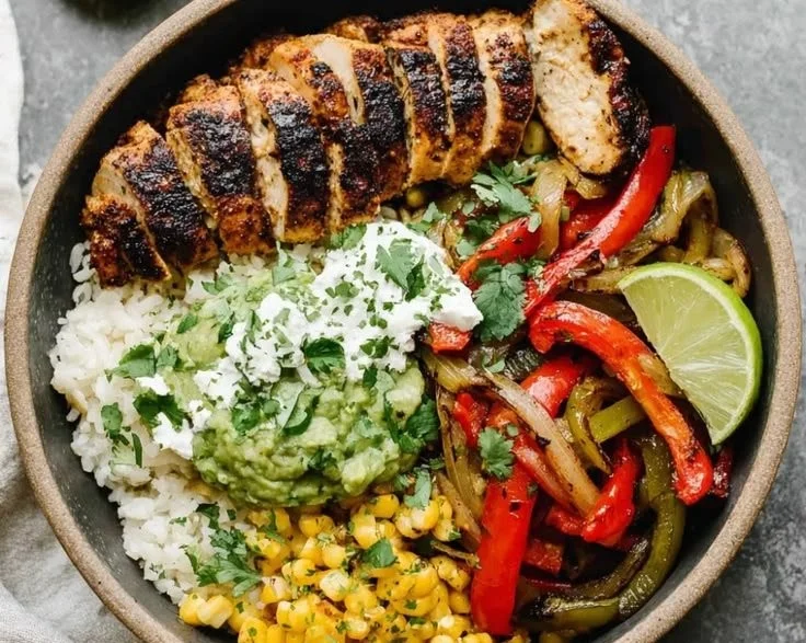 Delicious chicken fajita bowls with colorful vegetables and toppings.