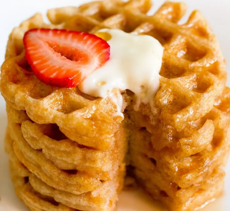 Homemade easy healthy protein waffles stacked with fresh fruit