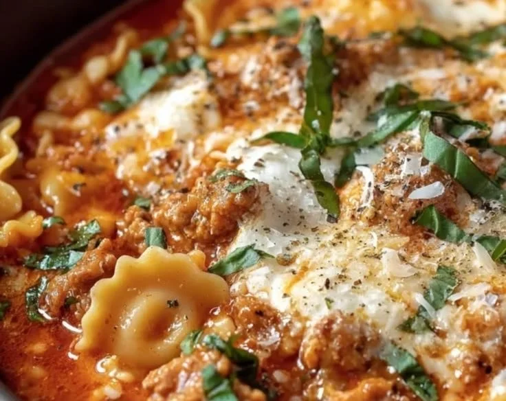 Delicious bowl of easy one-pot lasagna soup topped with cheese and herbs.
