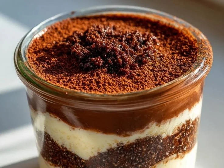 Delicious tiramisu chia pudding garnished with cocoa powder and coffee beans