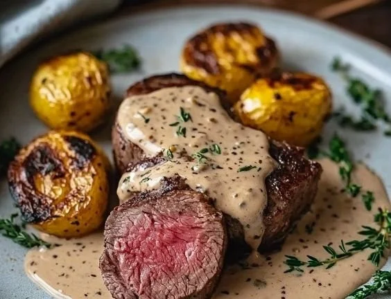 Filet Mignon served with a delicious creamy peppercorn sauce