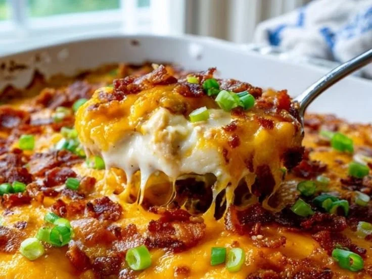 Delicious five-ingredient crack chicken casserole in a baking dish.