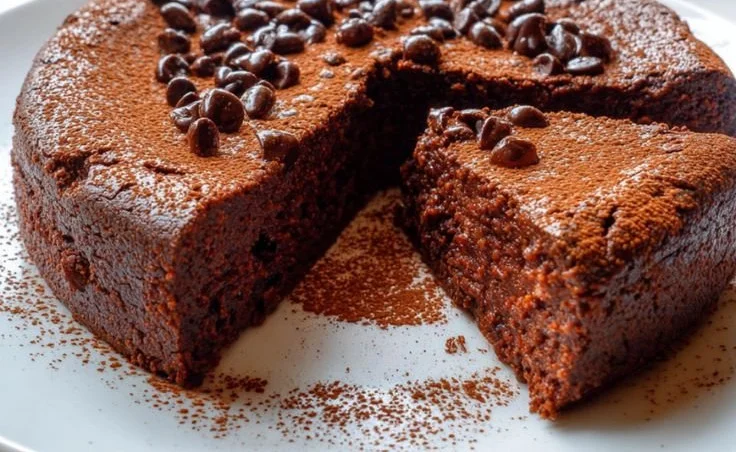 Delicious Flourless Chocolate Greek Yogurt Cake topped with chocolate shavings