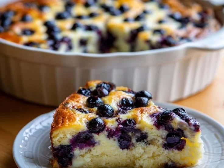 Flourless cottage cheese blueberry cake topped with fresh blueberries