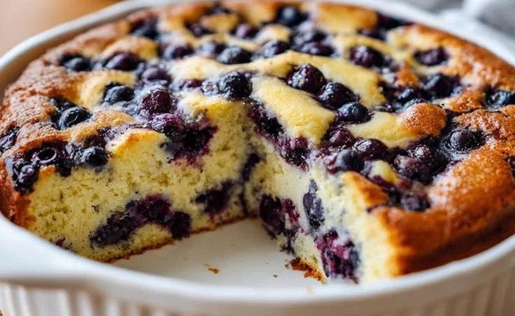 Flourless Cottage Cheese Blueberry Cake topped with fresh blueberries