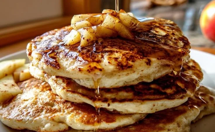 Fluffy apple pie cottage cheese pancakes served on a plate