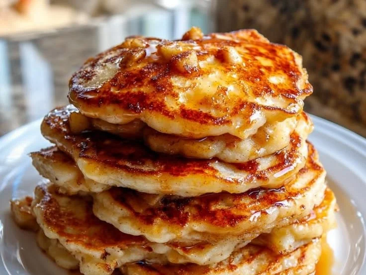 Fluffy apple pie pancakes with cottage cheese served on a plate