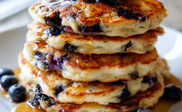 Fluffy blueberry pancakes with cottage cheese stacked on a plate