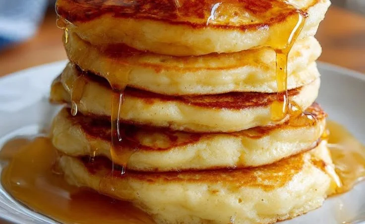 Fluffy pancakes stacked high with syrup and berries on a plate