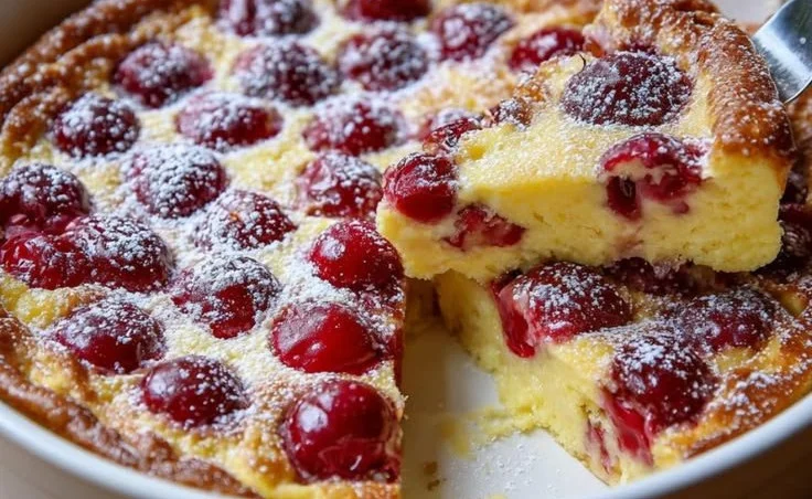 Delicious French Cherry Clafoutis served with fresh cherries on top