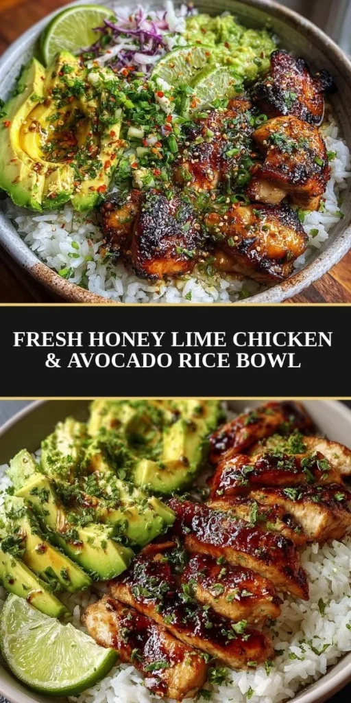 Honey lime chicken served in a bowl with avocado rice and fresh vegetables.