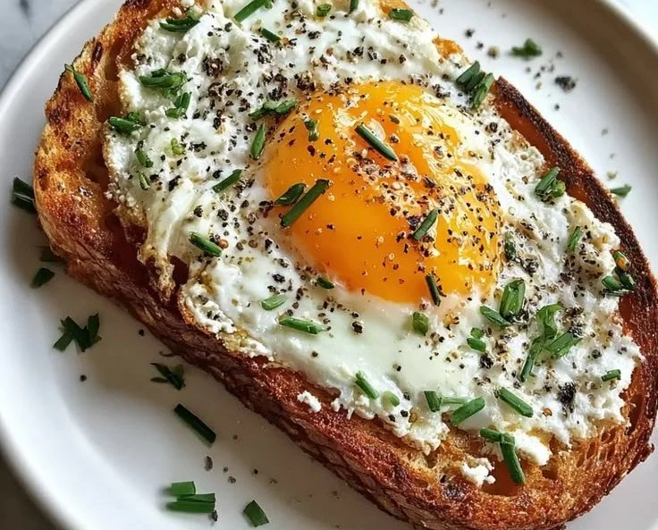 Fried egg ricotta toast on a plate, garnished with herbs.