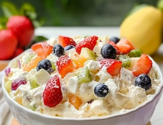 Delicious Fruit Fluff Salad with Marshmallows served in a bowl