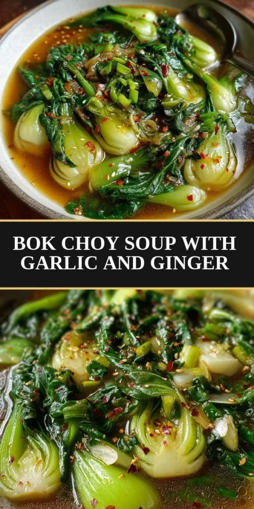 A steaming bowl of Garlic and Ginger Bok Choy Soup garnished with fresh herbs
