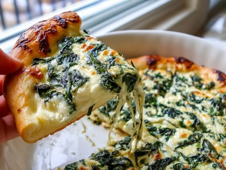 Garlic and spinach white pizza topped with cheese and served hot