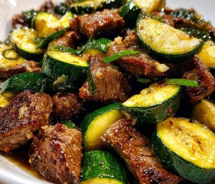 Plate of garlic butter steak bites with zucchini garnished with herbs