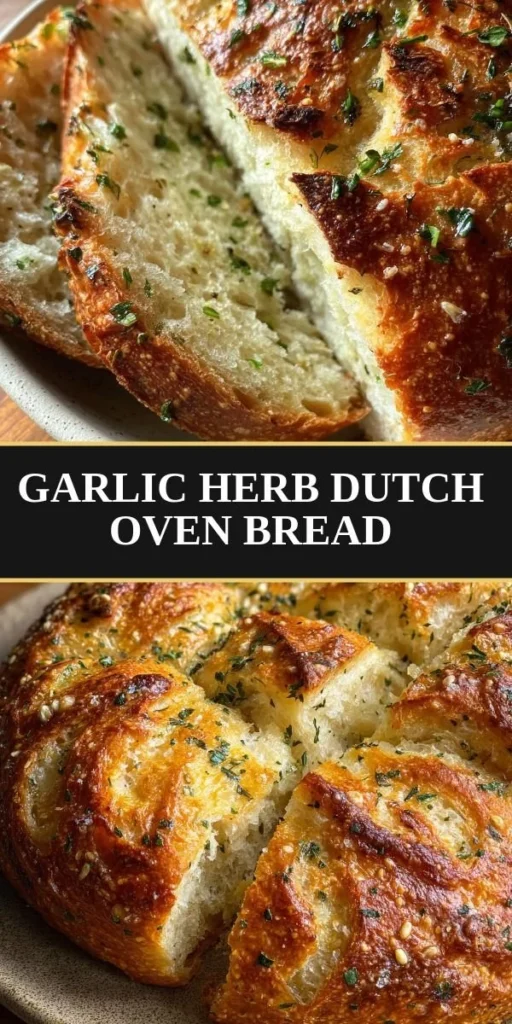 Freshly baked garlic herb Dutch oven bread on a wooden cutting board.