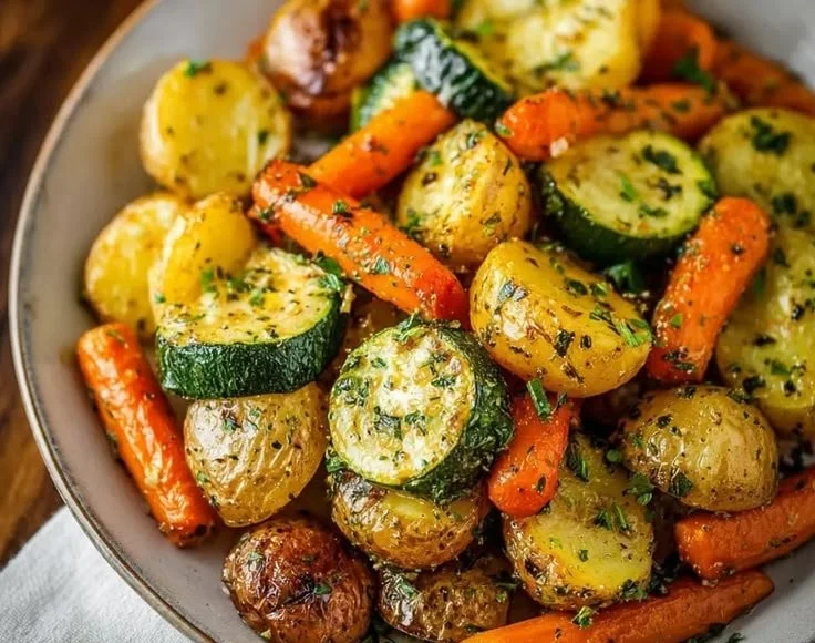Garlic Herb Roasted Potatoes with Carrots and Zucchini on a serving platter