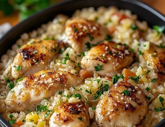 Delicious Garlic Parmesan Chicken served on a bed of rice with herbs and spices