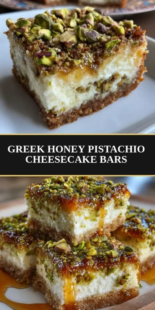 Delicious Greek Honey Pistachio Cheesecake Bars with a creamy topping and pistachio garnish.