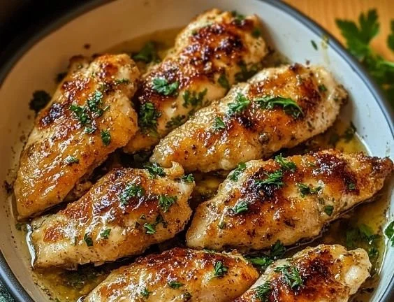 Delicious Greek-Style Chicken Tenders garnished with herbs and lemon