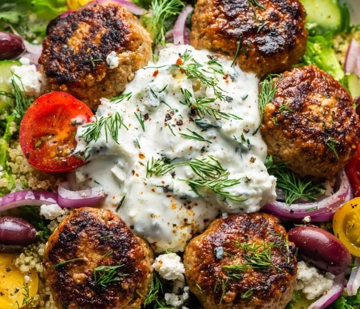Greek Turkey Meatball Bowls with fresh vegetables and sauce for a nutritious dinner