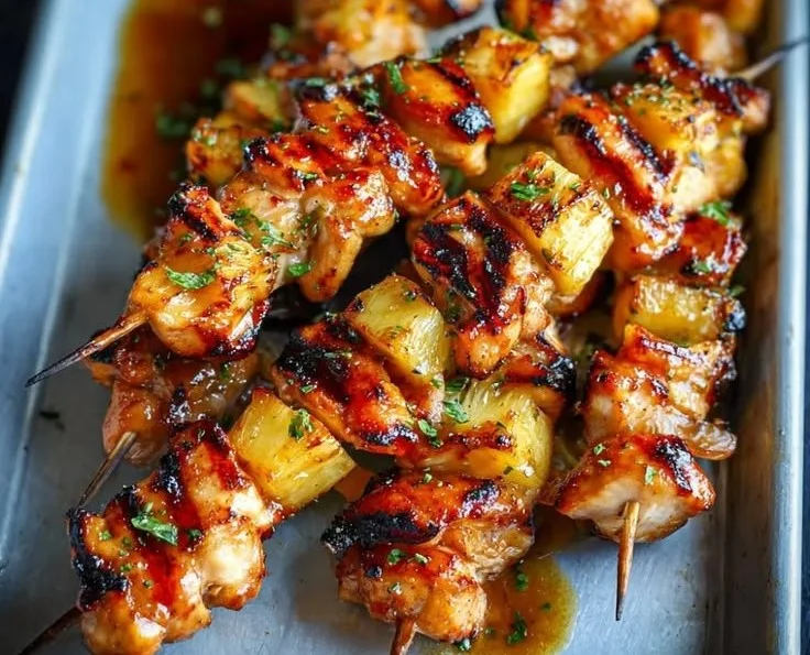Juicy grilled pineapple chicken kabobs served on the grill