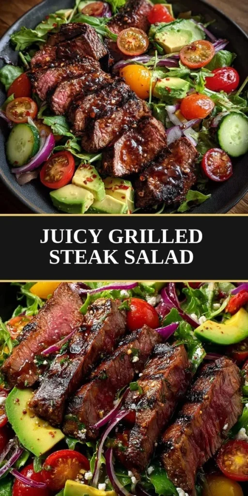 Delicious grilled steak salad topped with fresh vegetables and dressing