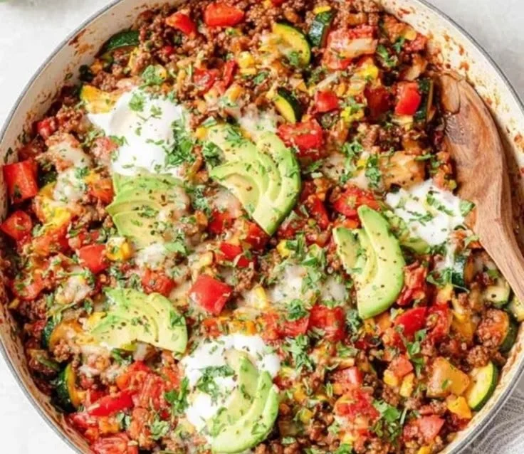 Ground Beef and Zucchini Skillet dish, a quick and healthy meal option.