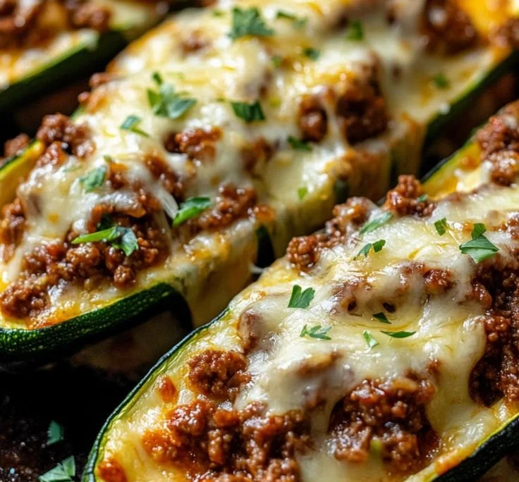 Ground beef stuffed zucchini boats on a plate, garnished with herbs.