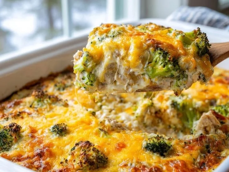Ground chicken and broccoli cottage cheese bake in a baking dish
