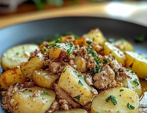 Ground turkey and potatoes skillet dish served on a plate