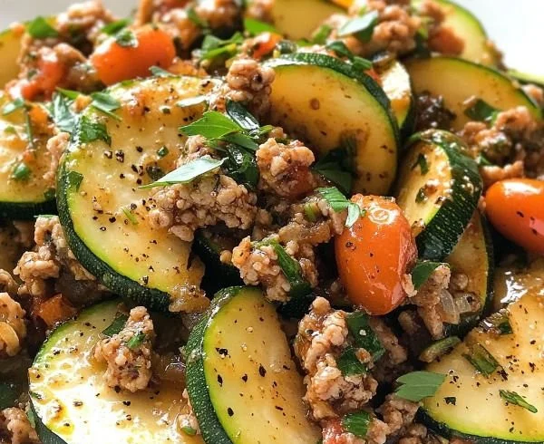 Ground Turkey Zucchini Skillet served in a colorful dish with fresh herbs