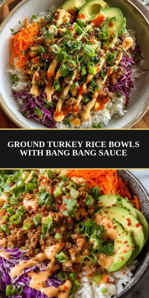 Ground turkey rice bowl topped with Bang Bang sauce and fresh vegetables