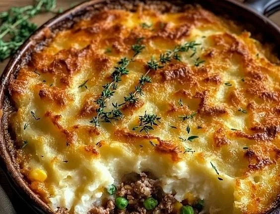 Delicious Ground Turkey Shepherd's Pie topped with creamy mashed potatoes