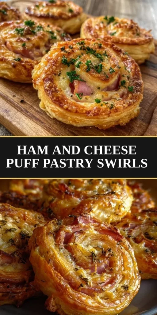 Ham and cheese puff pastry swirls baked to golden perfection