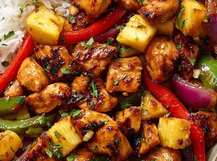 Hawaiian Chicken sheet pan recipe with vibrant vegetables and tropical flavors