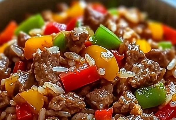 Healthy beef and pepper rice bowl recipe with colorful vegetables and grains