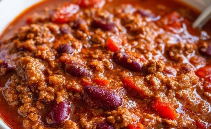 Bowl of hearty homemade beef chili topped with cheese and fresh herbs
