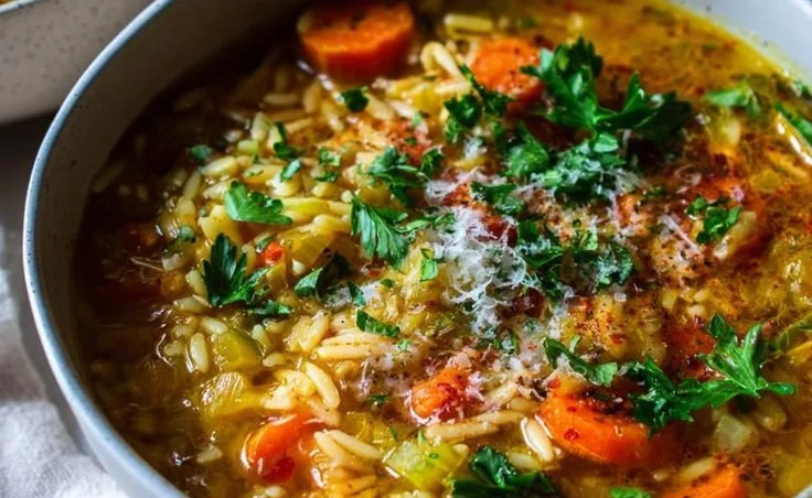Bowl of hearty vegetable orzo soup with fresh vegetables and herbs