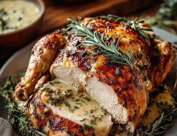 Herb-seasoned turkey roast served on a festive table setting