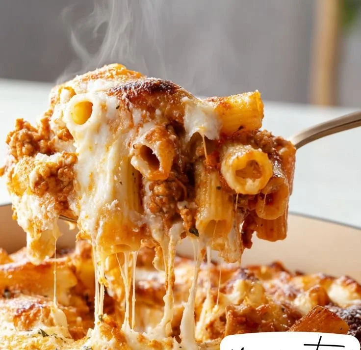 High-protein baked ziti made with cottage cheese and pasta