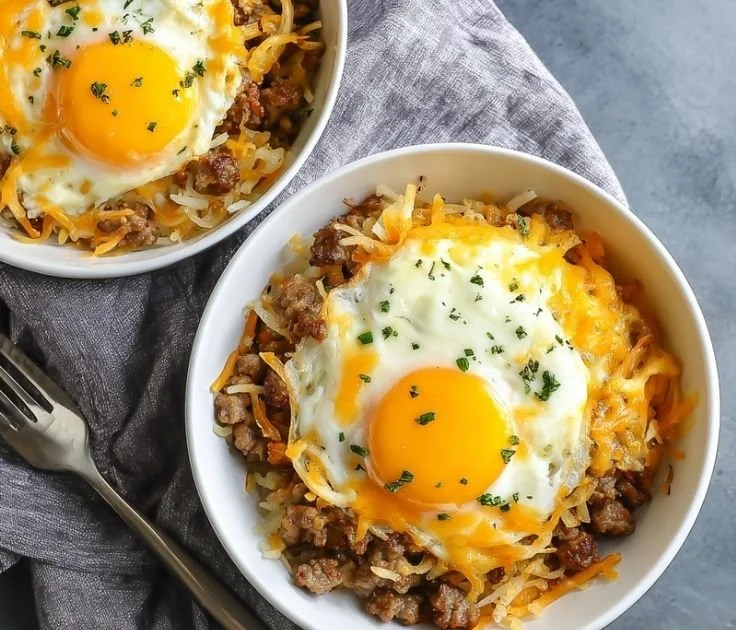 High-protein breakfast bowl with eggs, quinoa, and fresh vegetables