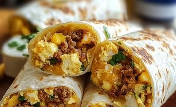 High-protein breakfast burrito filled with eggs, beans, and vegetables
