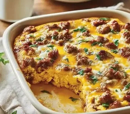 High-protein breakfast casserole fresh out of the oven, ready to serve