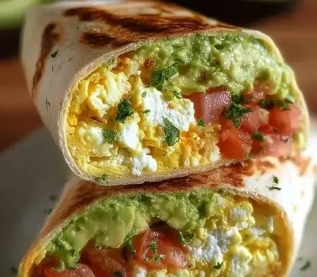 High-protein breakfast wrap with cottage cheese and avocado on a plate